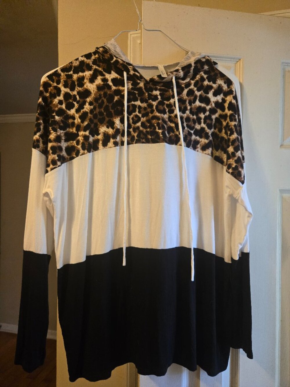 Celeste L pullover hoodie, white with black & leopard accents
